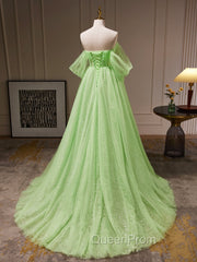 A-Line Sweetheart Neck Tulle Green Long Evening Prom Dresses, Green Tulle Long Evening Dresses