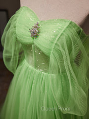 A-Line Sweetheart Neck Tulle Green Long Evening Prom Dresses, Green Tulle Long Evening Dresses