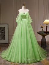 A-Line Sweetheart Neck Tulle Green Long Evening Prom Dresses, Green Tulle Long Evening Dresses