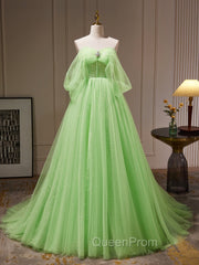 A-Line Sweetheart Neck Tulle Green Long Evening Prom Dresses, Green Tulle Long Evening Dresses