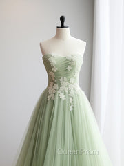 A-Line Sweetheart Neck Tulle Lace Applique Green Long Evening Prom Dresses Evening Dresses Off Shoulder