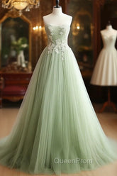 A-Line Sweetheart Neck Tulle Lace Applique Green Long Evening Prom Dresses Evening Dresses Off Shoulder
