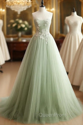 A-Line Sweetheart Neck Tulle Lace Applique Green Long Evening Prom Dresses, Green Evening Dresses