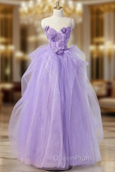 A-Line Sweetheart Neck Tulle Lace Applique Purple Long Evening Prom Dresses, Purple Evening Dresses