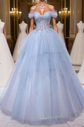 A-Line Sweetheart Neck Tulle Lace Blue Long Evening Prom Dresses, Blue Formal Evening Dresses