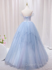 A-Line Sweetheart Neck Tulle Lace Blue Long Evening Prom Dresses, Blue Formal Evening Dresses