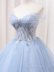 A-Line Sweetheart Neck Tulle Lace Blue Long Evening Prom Dresses, Blue Formal Evening Dresses