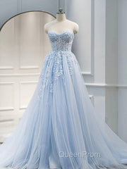 A Line Sweetheart Neck Tulle lace Blue Long Evening Prom Dresses, Lace Evening Gown Graduation Dresses