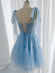 A-Line Sweetheart Neck Tulle Lace Blue Short Evening Prom Dresses, Blue Homecoming Dresses