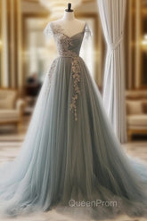 A-Line Sweetheart Neck Tulle Lace Gray Blue Long Evening Prom Dresses, Gray Blue Evening Dresses
