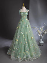 A-Line Sweetheart Neck Tulle Lace Green Long Evening Prom Dresses