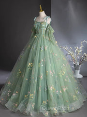 A-Line Sweetheart Neck Tulle Lace Green Long Evening Prom Dresses