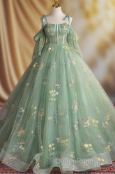 A-Line Sweetheart Neck Tulle Lace Green Long Evening Prom Dresses