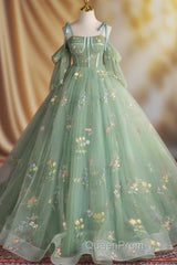 A-Line Sweetheart Neck Tulle Lace Green Long Evening Prom Dresses