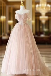 A-Line Sweetheart Neck Tulle Lace Long Pink Evening Prom Dresses, Pink Party Dresses with Beads