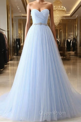 A-Line Sweetheart Neck Tulle Light Sky Blue Long Evening Prom Dresses