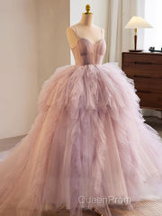 A-Line Sweetheart Neck Tulle Pink Long Evening Prom Dresses, Pink Evening Dresses