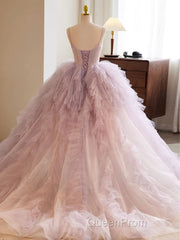 A-Line Sweetheart Neck Tulle Pink Long Evening Prom Dresses, Pink Evening Dresses