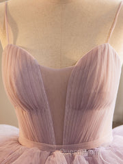 A-Line Sweetheart Neck Tulle Pink Long Evening Prom Dresses, Pink Evening Dresses