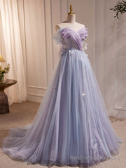 A-Line Sweetheart Neck Tulle Purple Long Prom Dress, Purple Formal Dress