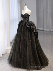 A-Line Sweetheart Neck Tulle Satin Black Long Prom Dress, Black Long Evening Dress