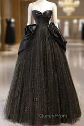 A-Line Sweetheart Neck Tulle Satin Black Long Evening Prom Dresses, Black Long Evening Dresses