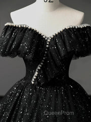 A-Line Sweetheart Neck Tulle Sequin Black Long Evening Prom Dresses, Black Long Formal Dresses