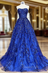 A-Line Sweetheart Neck Tulle Sequin Blue Long Evening Prom Dresses, Blue Long Evening Dresses