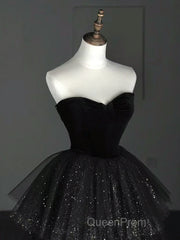 A-Line Sweetheart Neck Tulle Velvet Black Long Evening Prom Dresses, Black Evening Dresses
