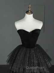 A-Line Sweetheart Neck Tulle Velvet Black Long Evening Prom Dresses, Black Evening Dresses