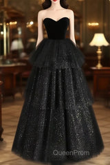 A-Line Sweetheart Neck Tulle Velvet Black Long Evening Prom Dresses, Black Evening Dresses