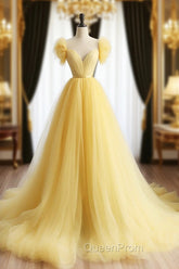 A-Line Sweetheart Neck Tulle Yellow Long Evening Prom Dresses, Yellow Long Evening Dresses