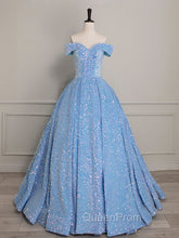 A-Line Sweetheart Neck Velvet Sequin Blue Long Evening Prom Dresses, Blue Evening Dresses