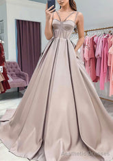 A-line Sweetheart Sleeveless Satin Sweep Train Prom Dresses With Pockets