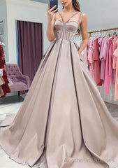 A-line Sweetheart Sleeveless Satin Sweep Train Prom Dresses With Pockets