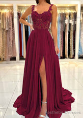 A-line Sweetheart Sleeveless Sweep Train Chiffon Prom Dresses With Appliqued Split