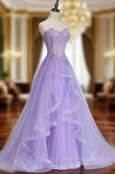 A-line Sweetheart Sleeveless Sweep Train Tulle Evening Prom Dresses With Beading Appliqued