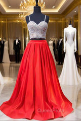 A-line Sweetheart Spaghetti Strap Satin Red Two Piece Evening Prom Dresses