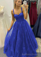 A-line Sweetheart Spaghetti Straps Long/Floor-Length Tulle Glitter Prom Dresses