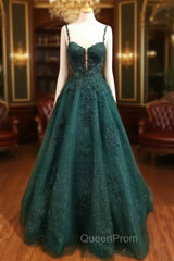 Dark Green Evening Prom Dresses, A-line Sweetheart Spaghetti Straps Long/Floor-Length Tulle Evening Prom Dresses With Beading Glitter Appliqued