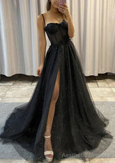 A-line Sweetheart Spaghetti Straps Sweep Train Tulle Glitter Prom Dresses With Appliqued