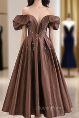 A-Line Tea length Brown Evening Prom Dresses, Off Shoulder Brown Evening Dresses with Beading