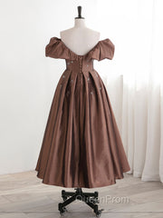 A-Line Tea length Brown Evening Prom Dresses, Off Shoulder Brown Evening Dresses with Beading