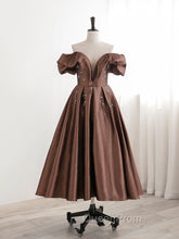 A-Line Tea length Brown Evening Prom Dresses, Off Shoulder Brown Evening Dresses with Beading