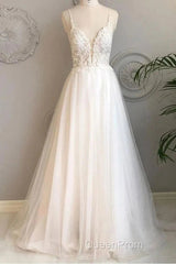 A-Line Thin Shoulder Strap Beach Wedding Dresses Lace And Floor Length Wedding Dresses