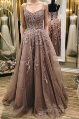 A Line Thin Strap Lace Long Evening Prom Dresses, Lace Formal Dresses, Evening Dresses