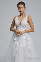A-Line tulle applique sleeveless floor length wedding dress
