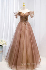 A-Line Tulle Beaded Long Evening Dresses, Off the Shoulder Evening Dresses