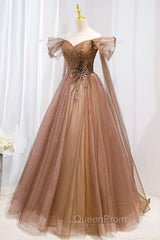 A-Line Tulle Beaded Long Evening Dresses, Off the Shoulder Evening Dresses