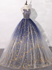 A-Line Tulle Blue Long Evening Prom Dresses, Blue Tulle Long Evening Dresses